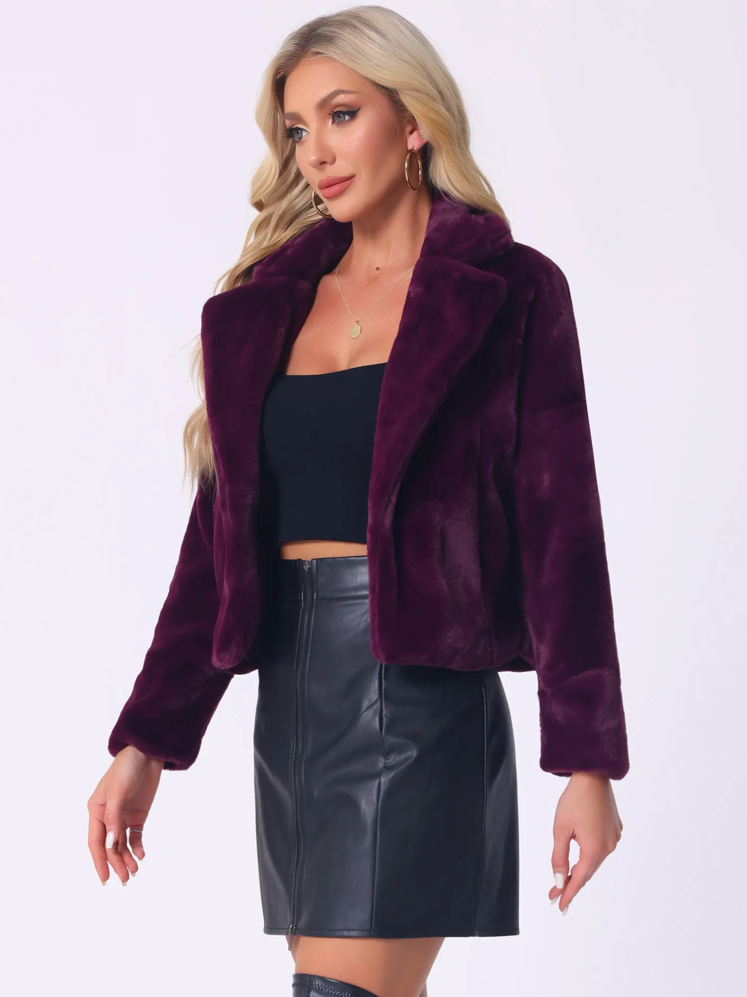 Allegra K Cropped Jacket Notch Lapel Faux Fur Fluffy Coat