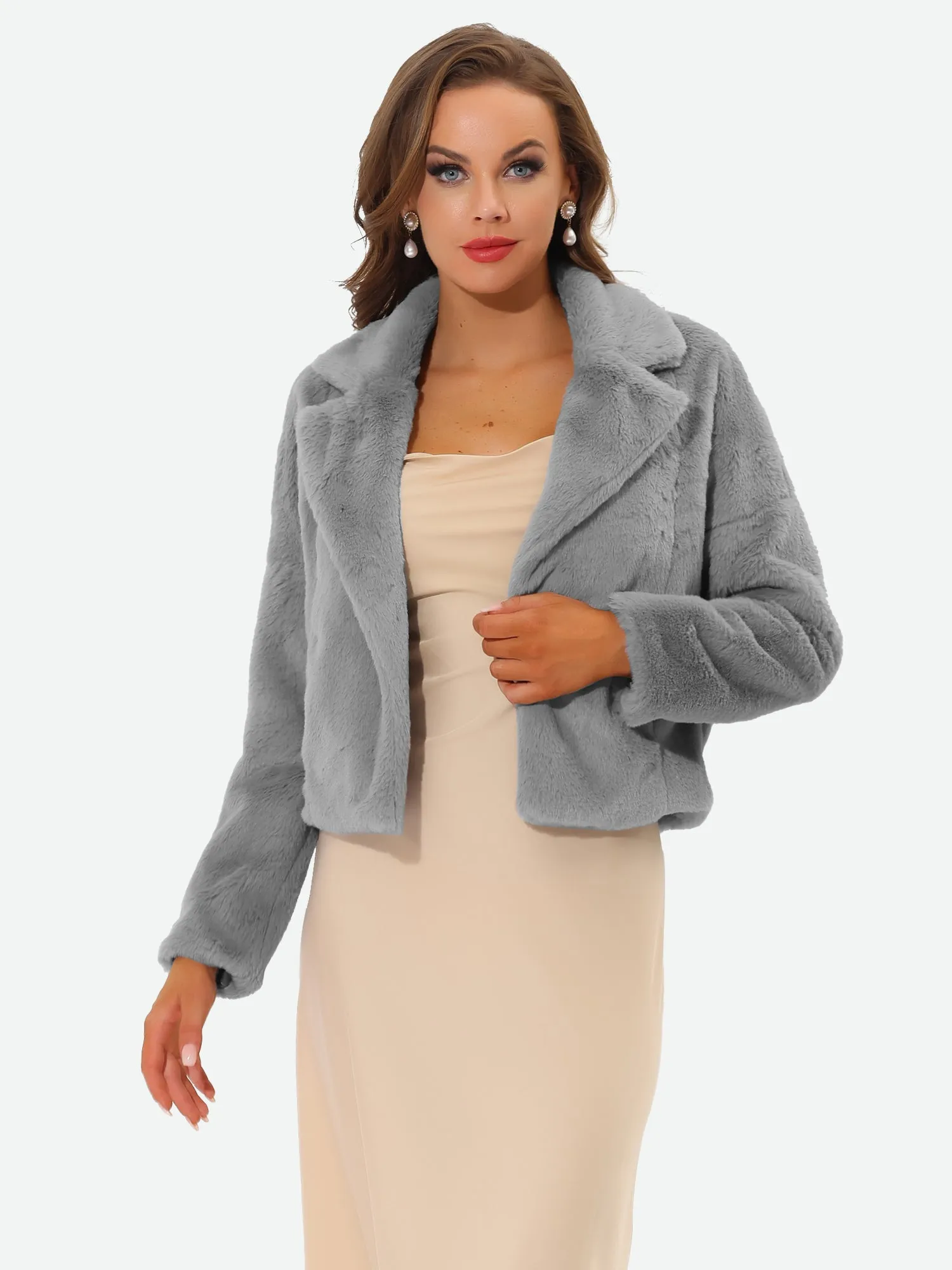 Allegra K Cropped Jacket Notch Lapel Faux Fur Fluffy Coat