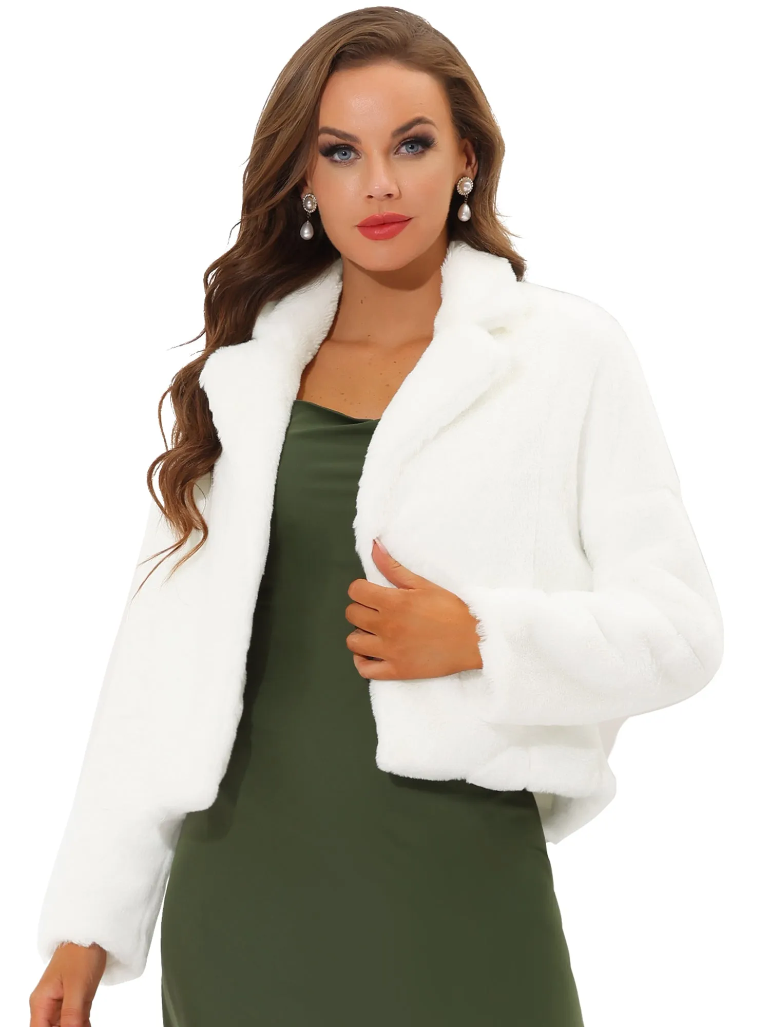 Allegra K Cropped Jacket Notch Lapel Faux Fur Fluffy Coat