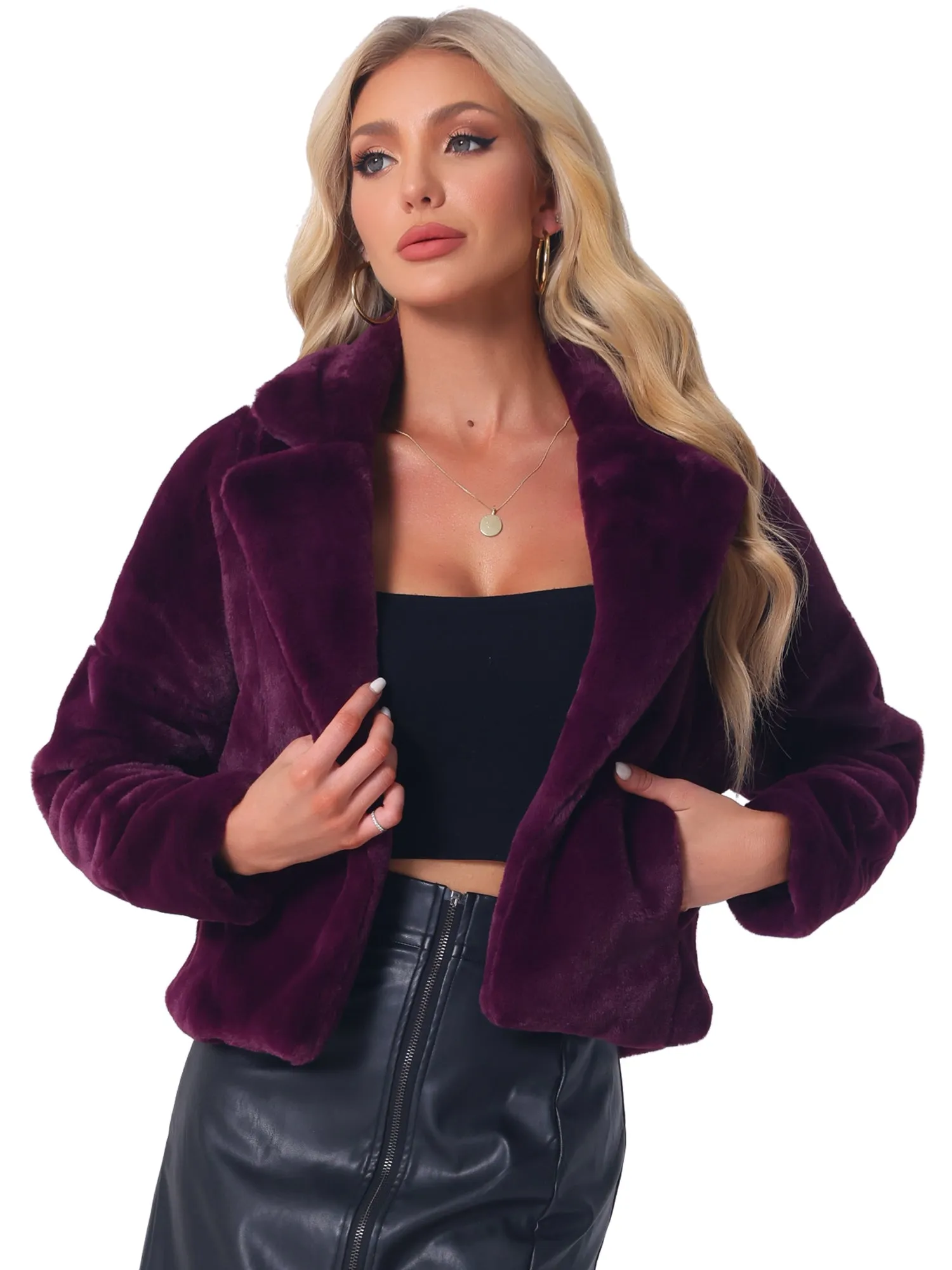 Allegra K Cropped Jacket Notch Lapel Faux Fur Fluffy Coat