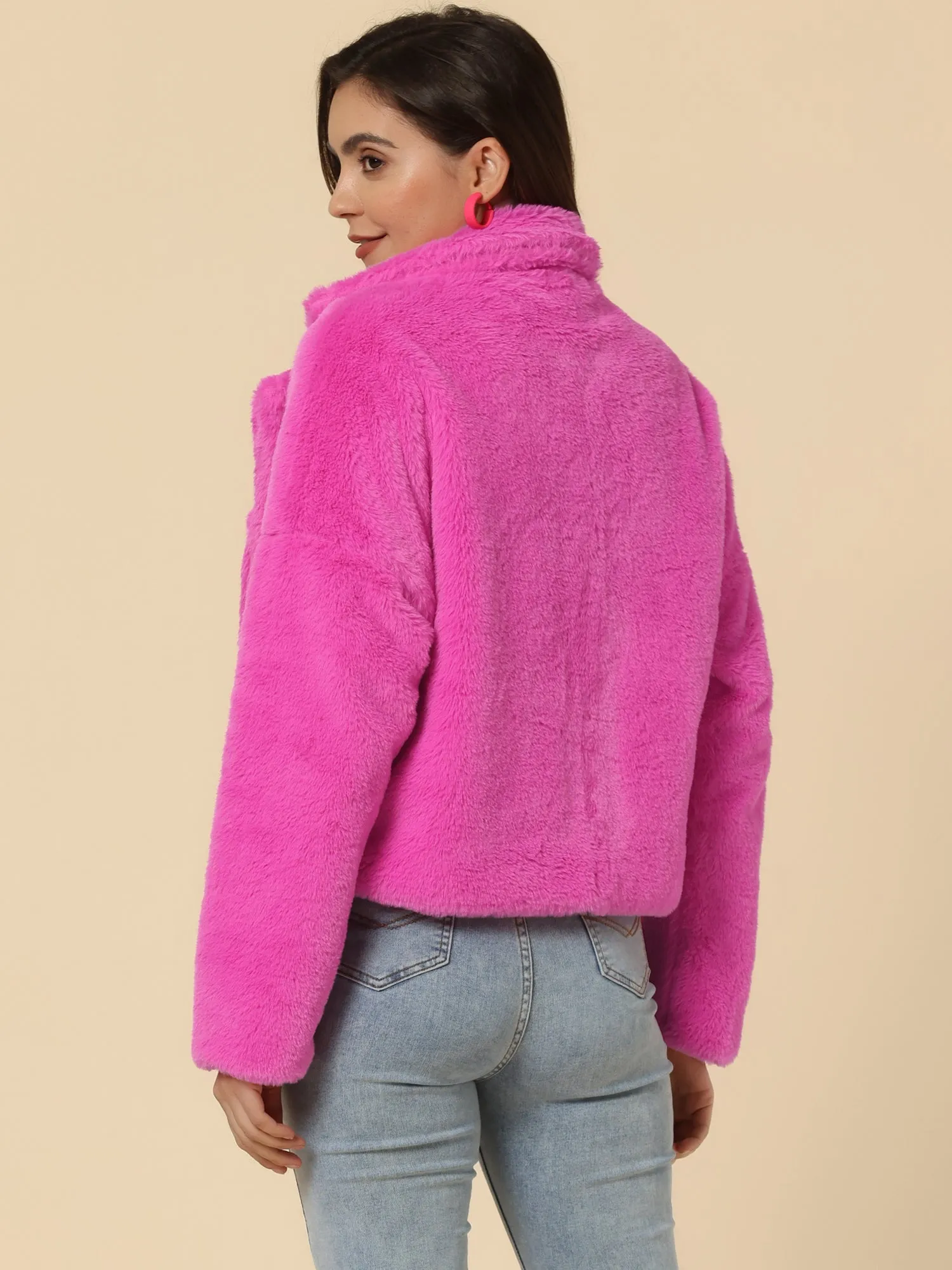 Allegra K Cropped Jacket Notch Lapel Faux Fur Fluffy Coat