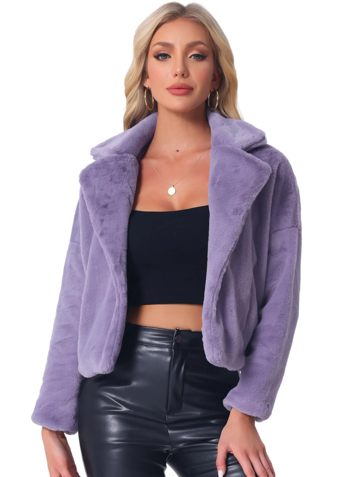 Allegra K Cropped Jacket Notch Lapel Faux Fur Fluffy Coat