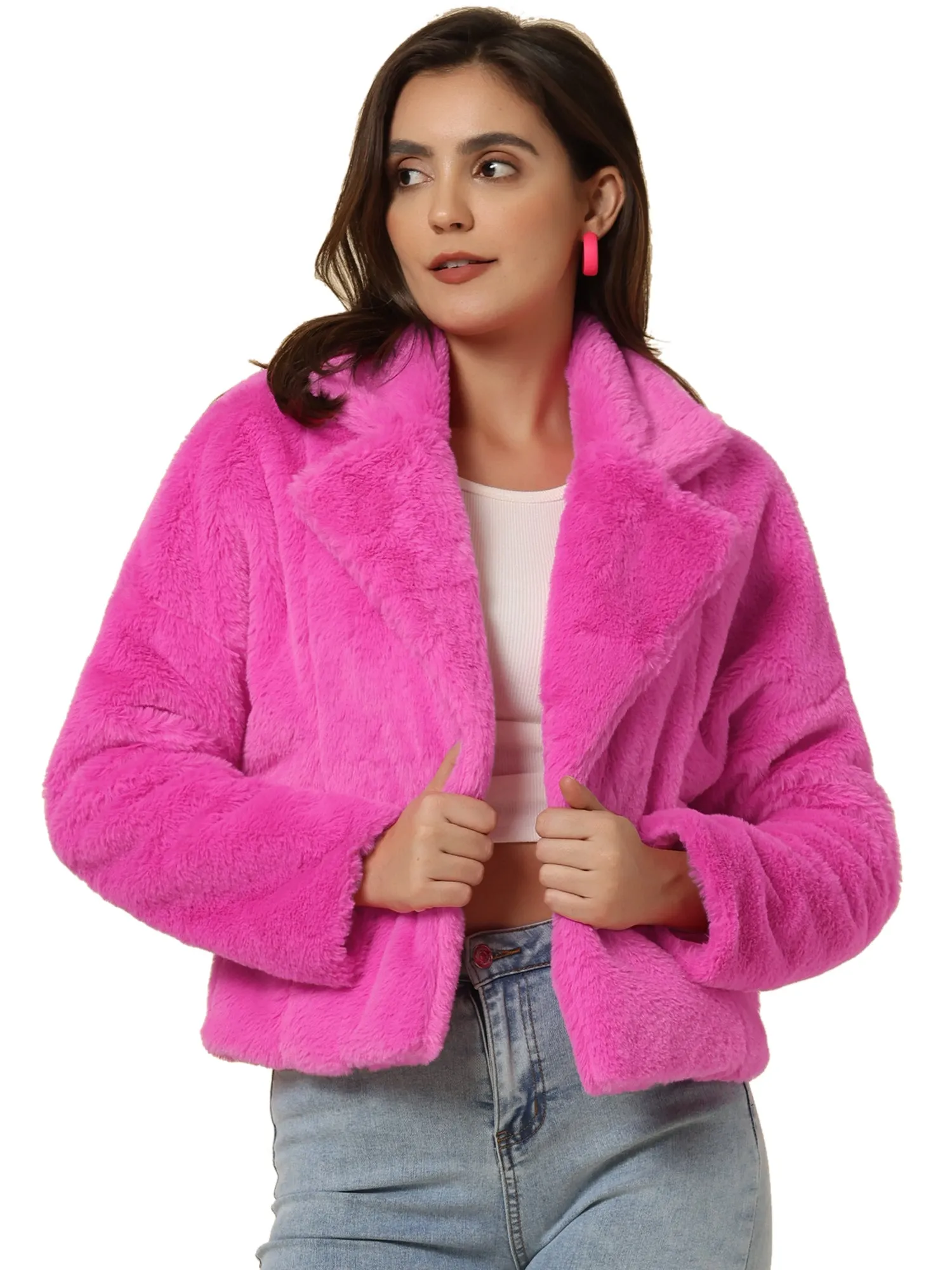 Allegra K Cropped Jacket Notch Lapel Faux Fur Fluffy Coat