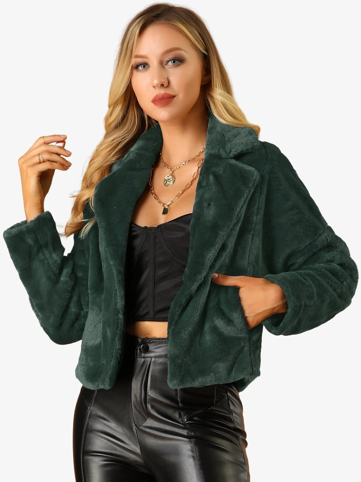 Allegra K Cropped Jacket Notch Lapel Faux Fur Fluffy Coat