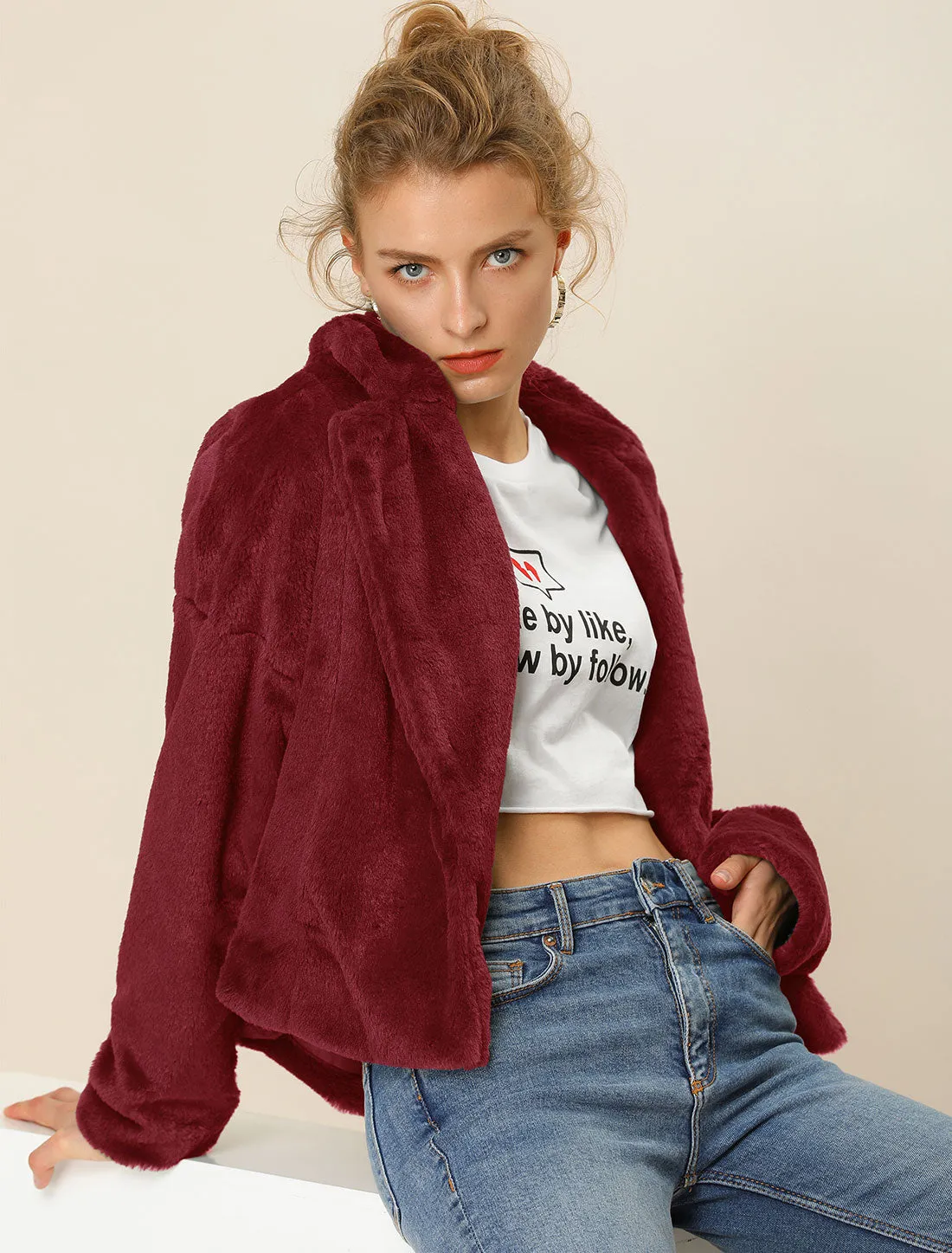 Allegra K Cropped Jacket Notch Lapel Faux Fur Fluffy Coat