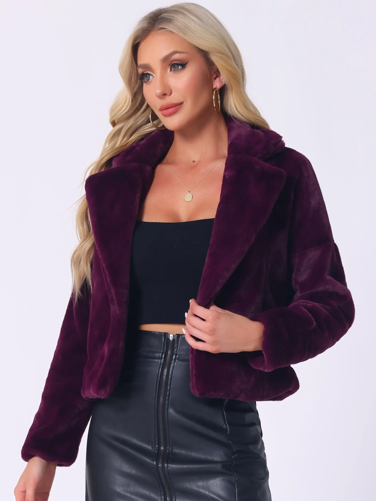 Allegra K Cropped Jacket Notch Lapel Faux Fur Fluffy Coat