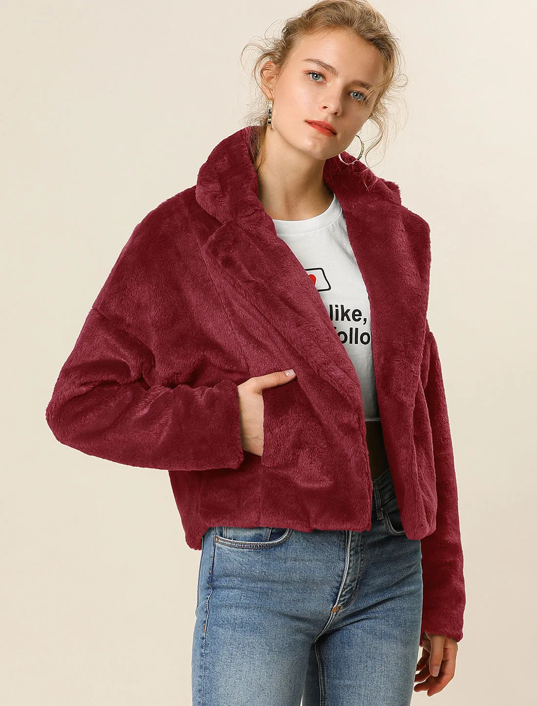 Allegra K Cropped Jacket Notch Lapel Faux Fur Fluffy Coat