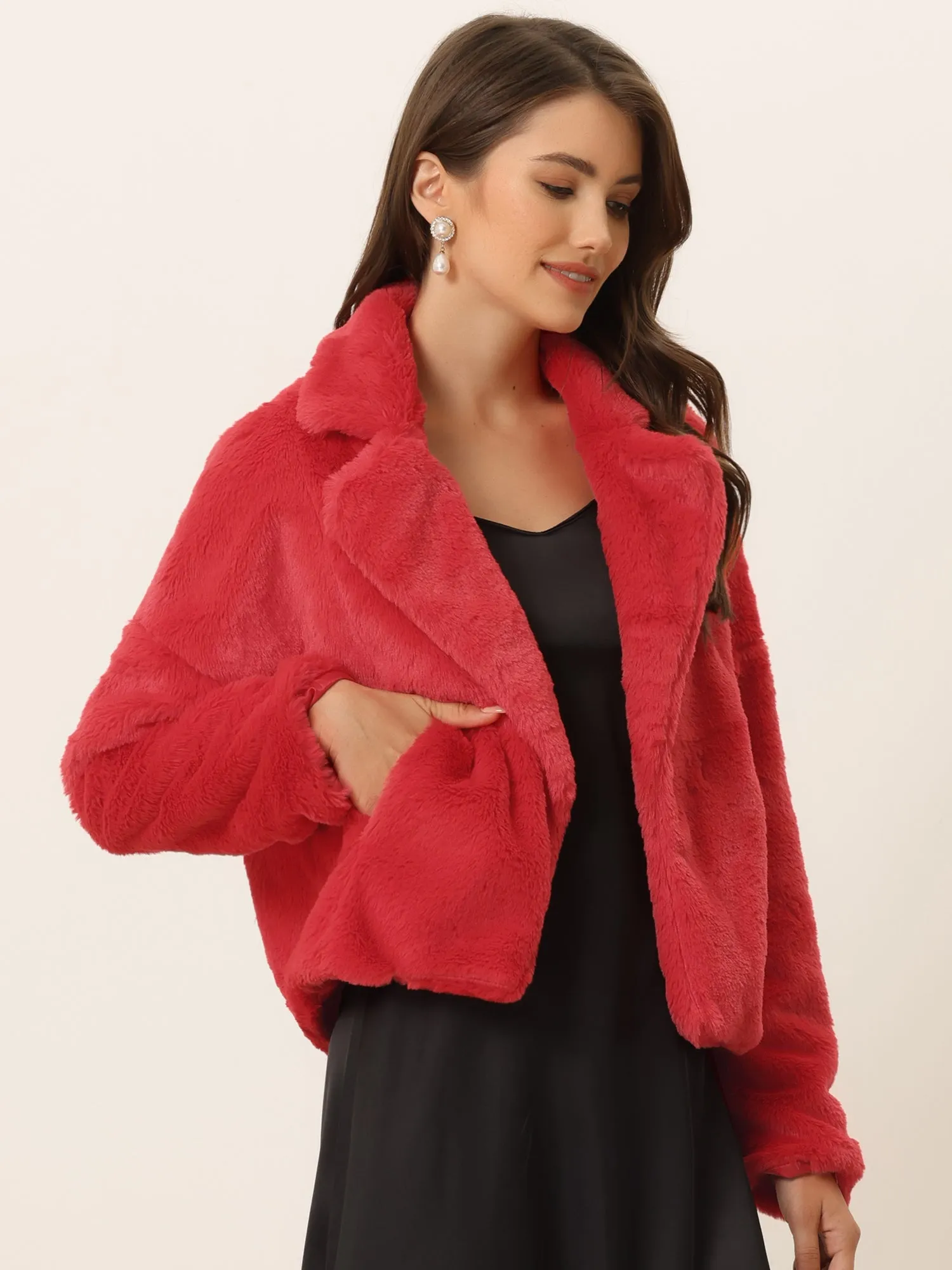 Allegra K Cropped Jacket Notch Lapel Faux Fur Fluffy Coat