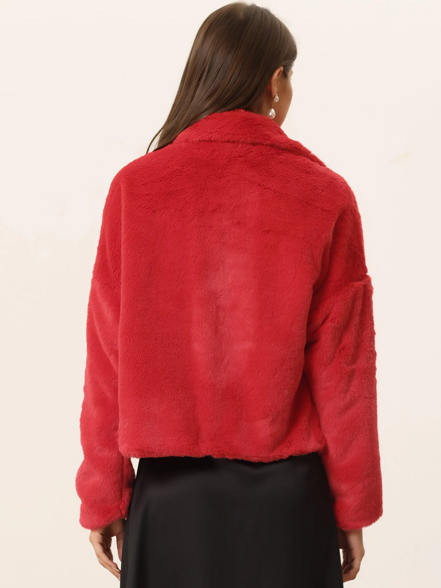 Allegra K Cropped Jacket Notch Lapel Faux Fur Fluffy Coat