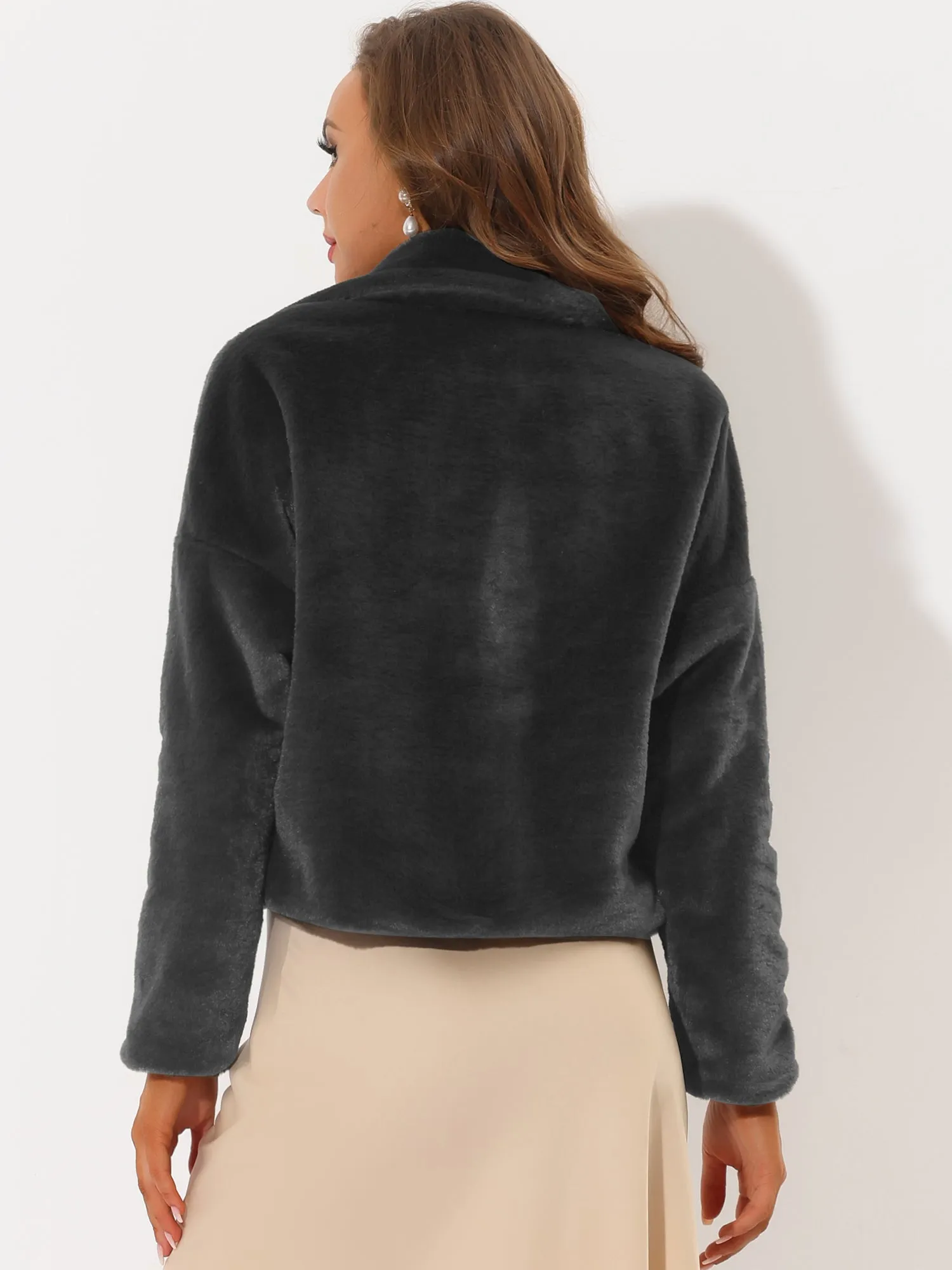 Allegra K Cropped Jacket Notch Lapel Faux Fur Fluffy Coat