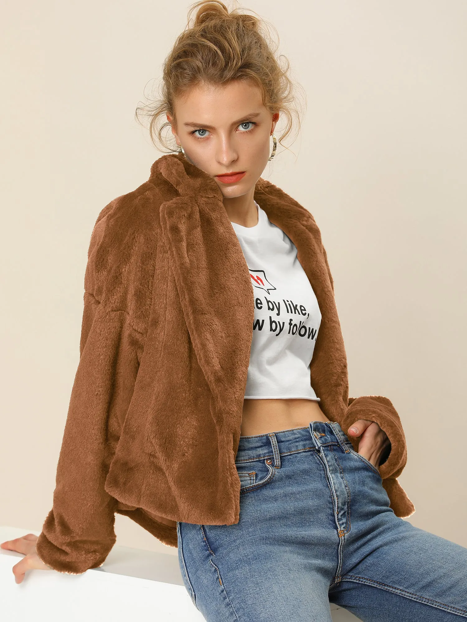 Allegra K Cropped Jacket Notch Lapel Faux Fur Fluffy Coat