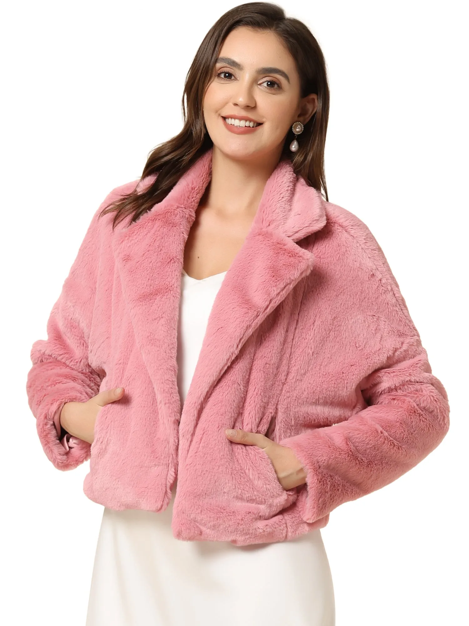 Allegra K Cropped Jacket Notch Lapel Faux Fur Fluffy Coat