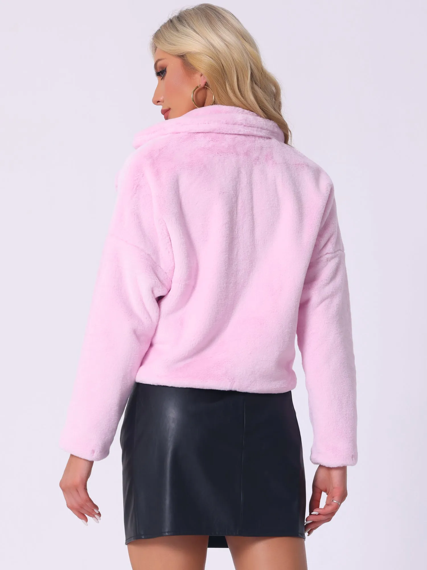 Allegra K Cropped Jacket Notch Lapel Faux Fur Fluffy Coat