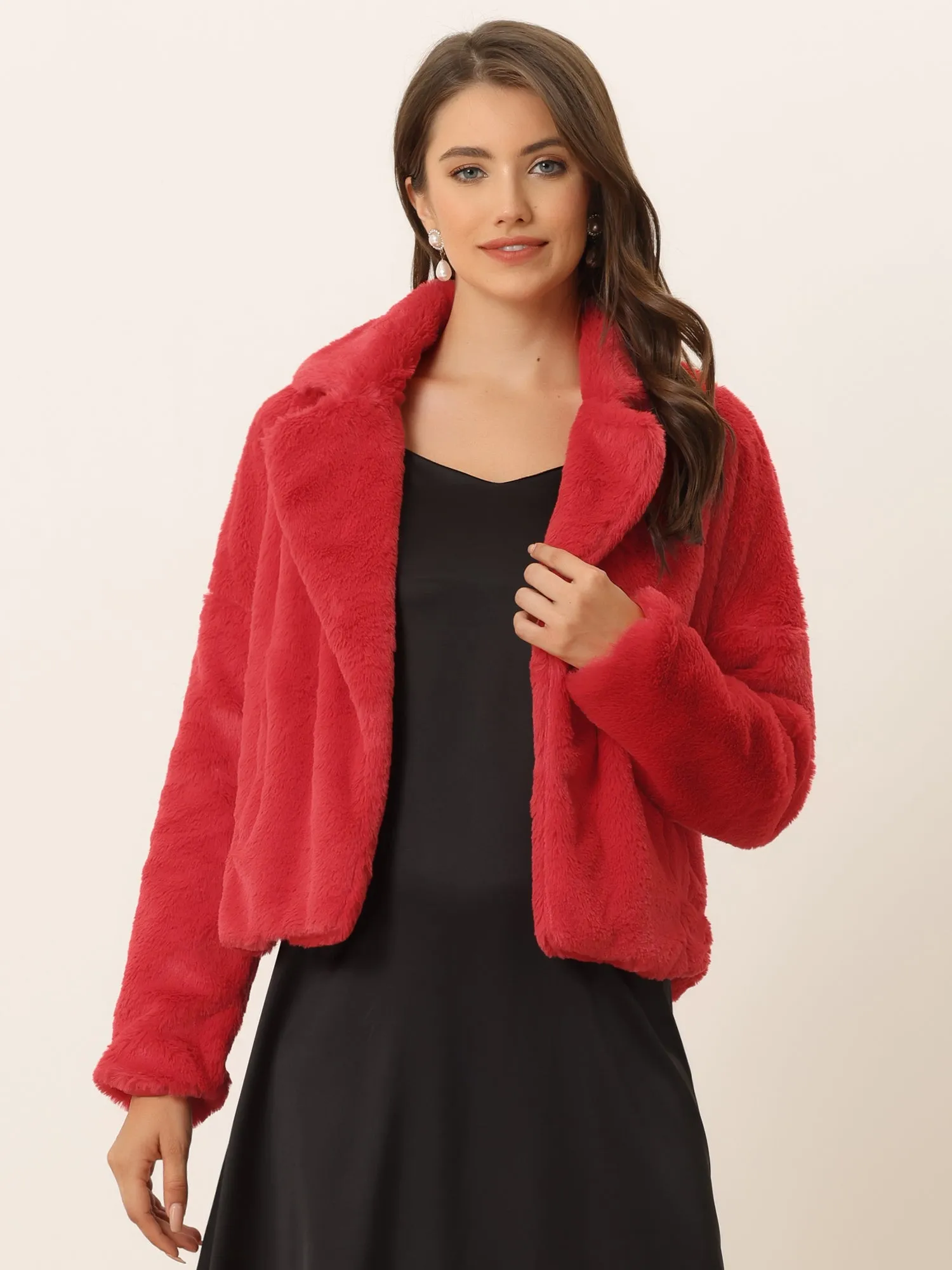 Allegra K Cropped Jacket Notch Lapel Faux Fur Fluffy Coat