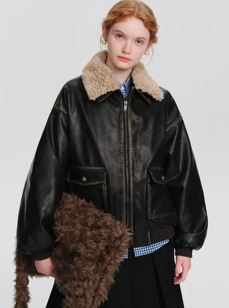 American retro fur collar leather jacket