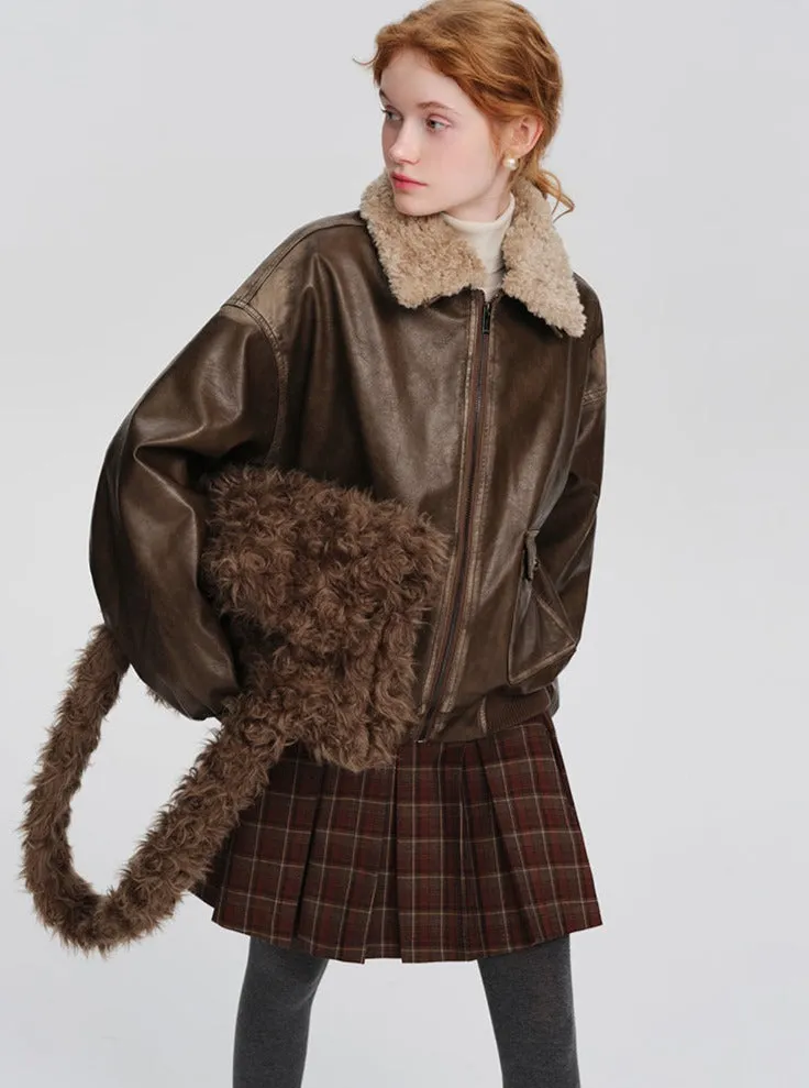 American retro fur collar leather jacket