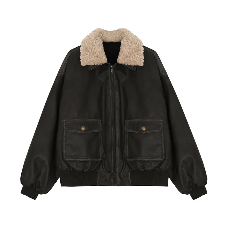 American retro fur collar leather jacket