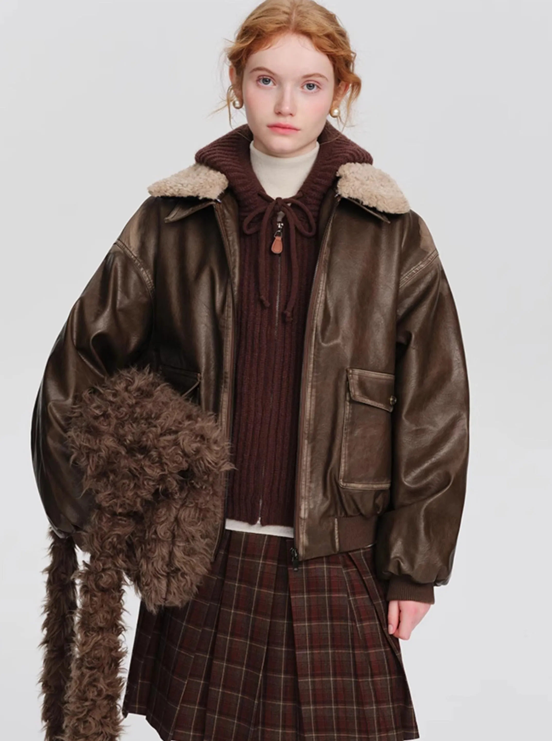 American retro fur collar leather jacket