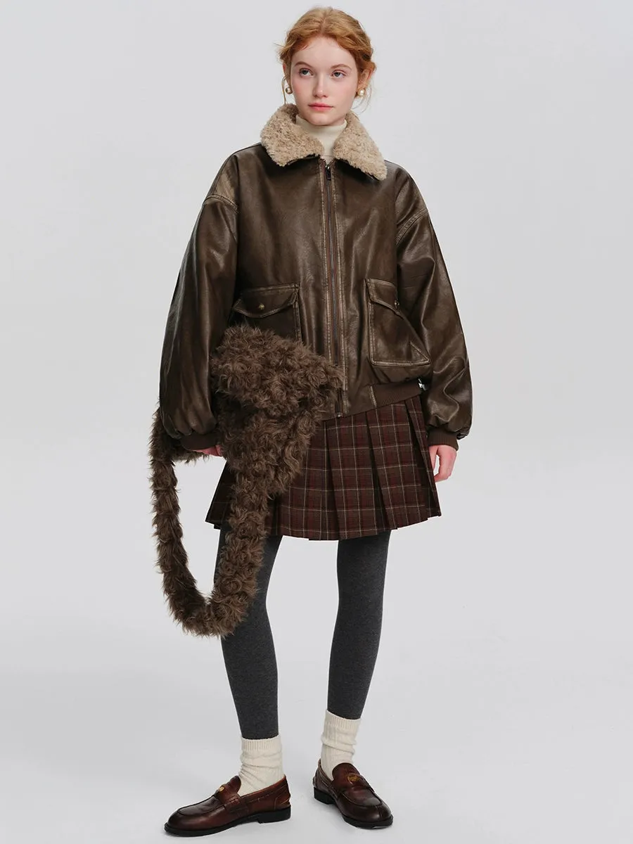 American retro fur collar leather jacket