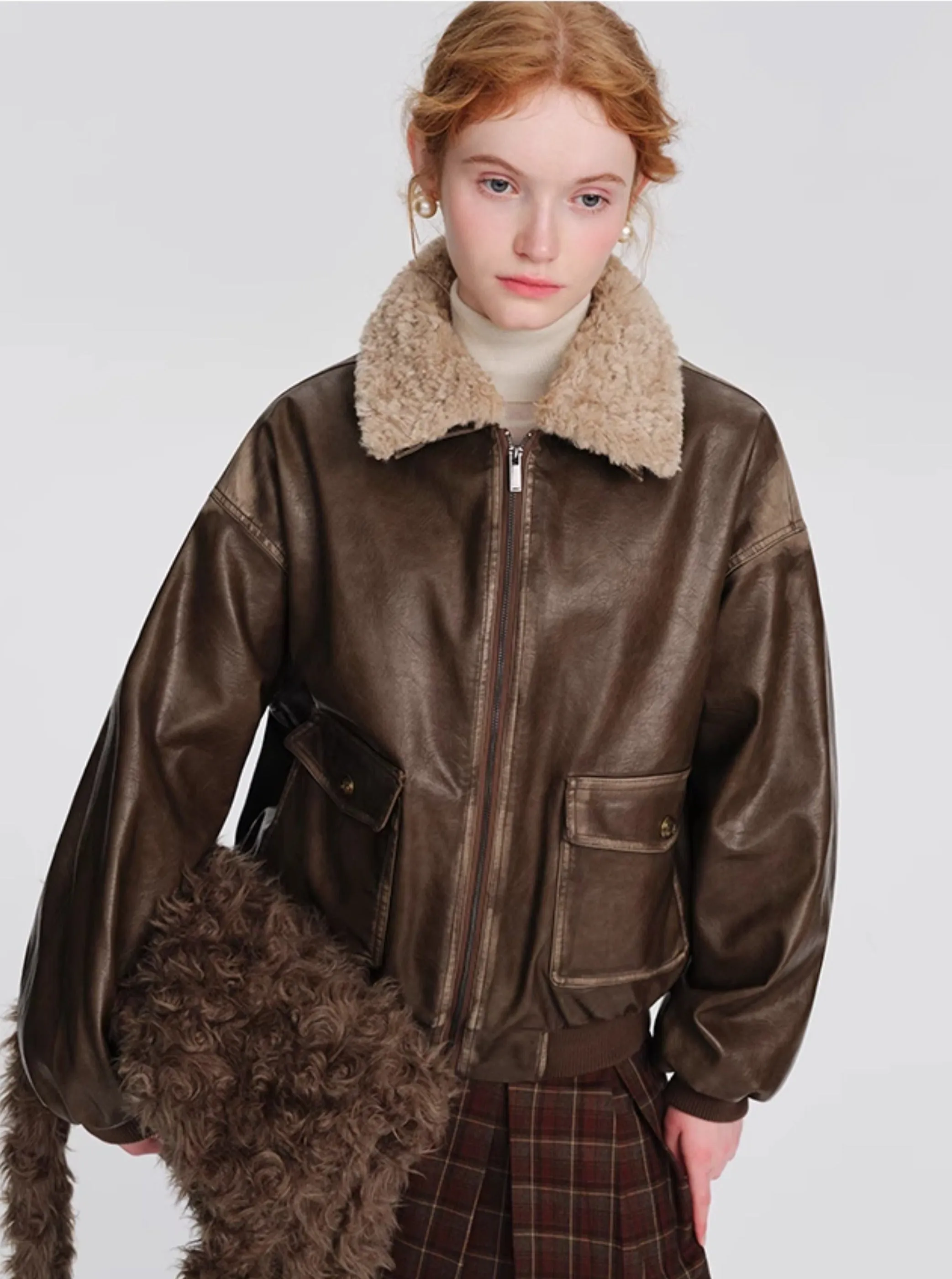 American retro fur collar leather jacket