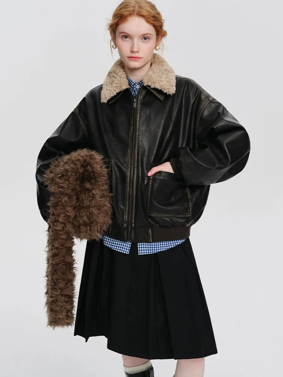 American retro fur collar leather jacket