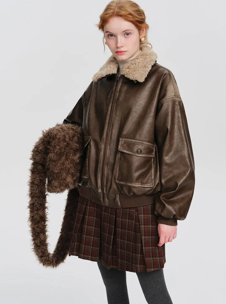 American retro fur collar leather jacket