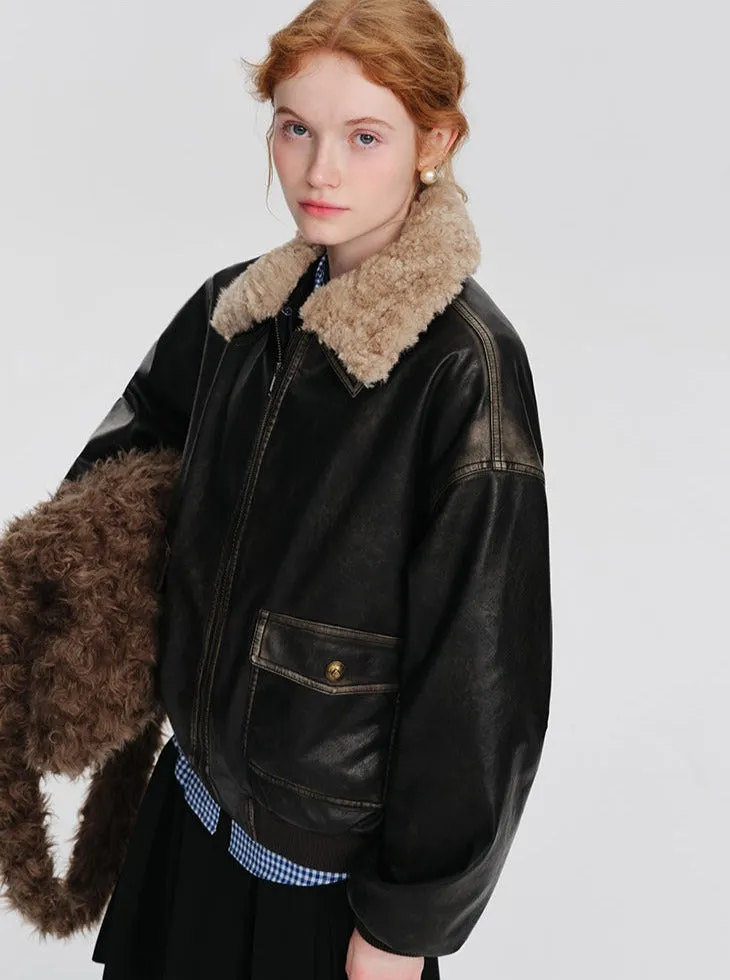 American retro fur collar leather jacket