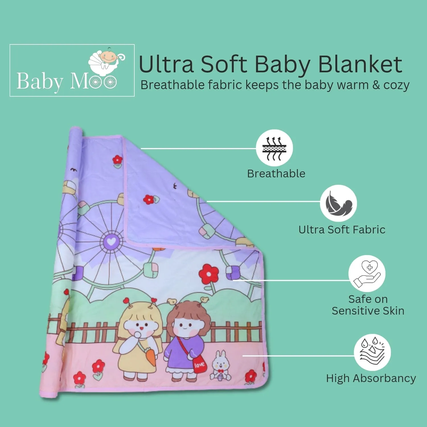 Baby Moo Ferris Wheel Soft Quilted Premium Reversible Blanket - Multicolour