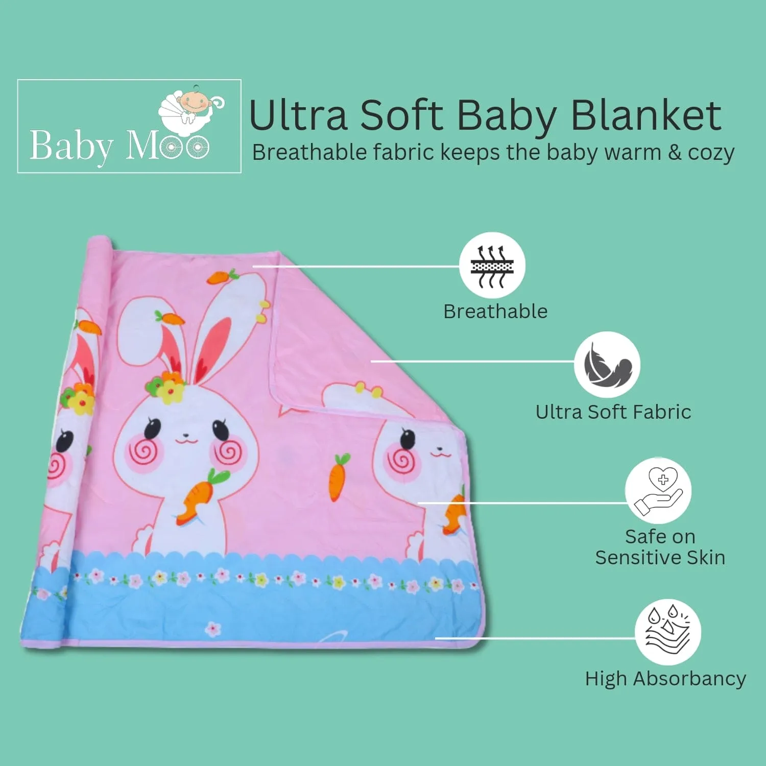 Baby Moo Hungry Bunny Soft Quilted Premium Reversible Blanket - Pink