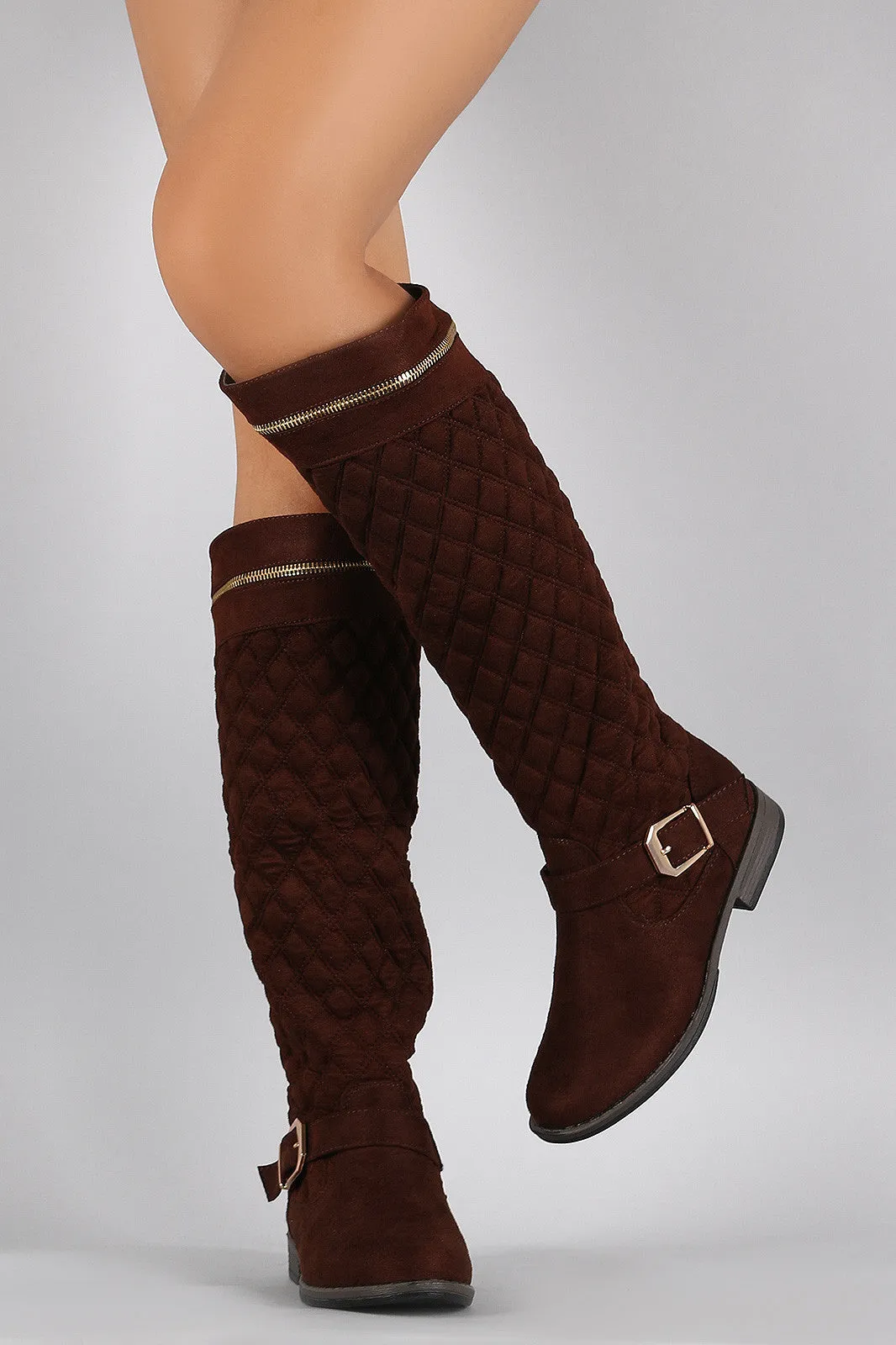 Bamboo Quilted Suede Zipper Trim Riding Knee High Boots