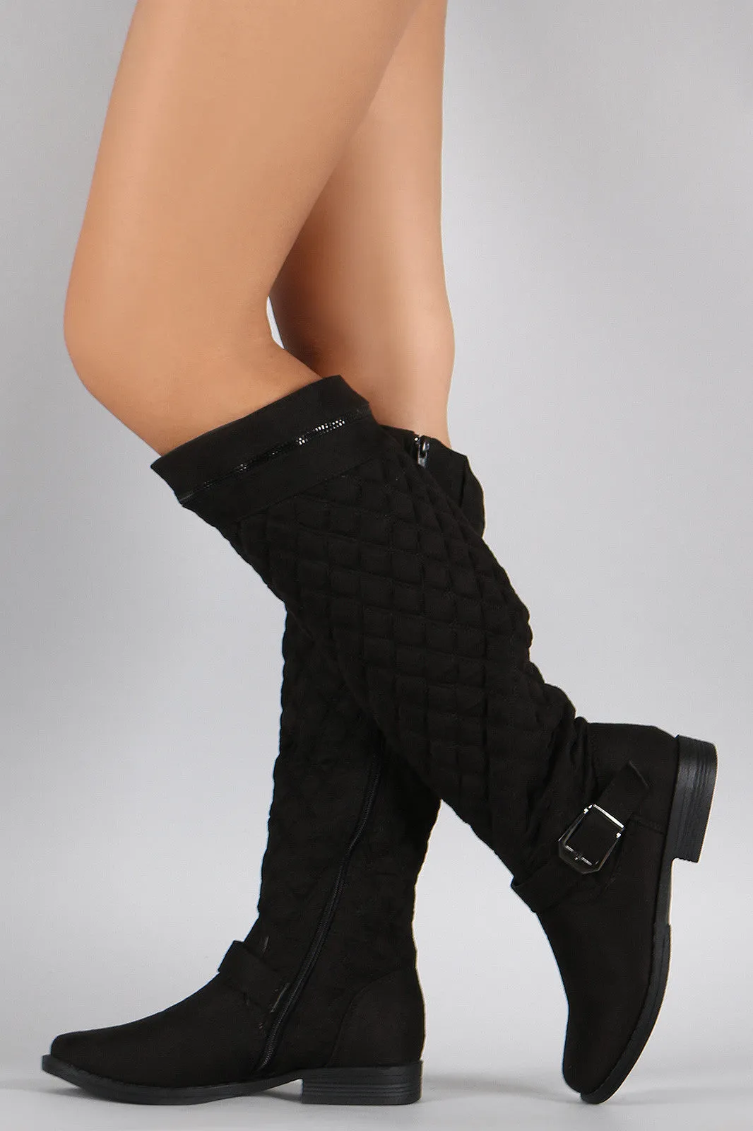 Bamboo Quilted Suede Zipper Trim Riding Knee High Boots