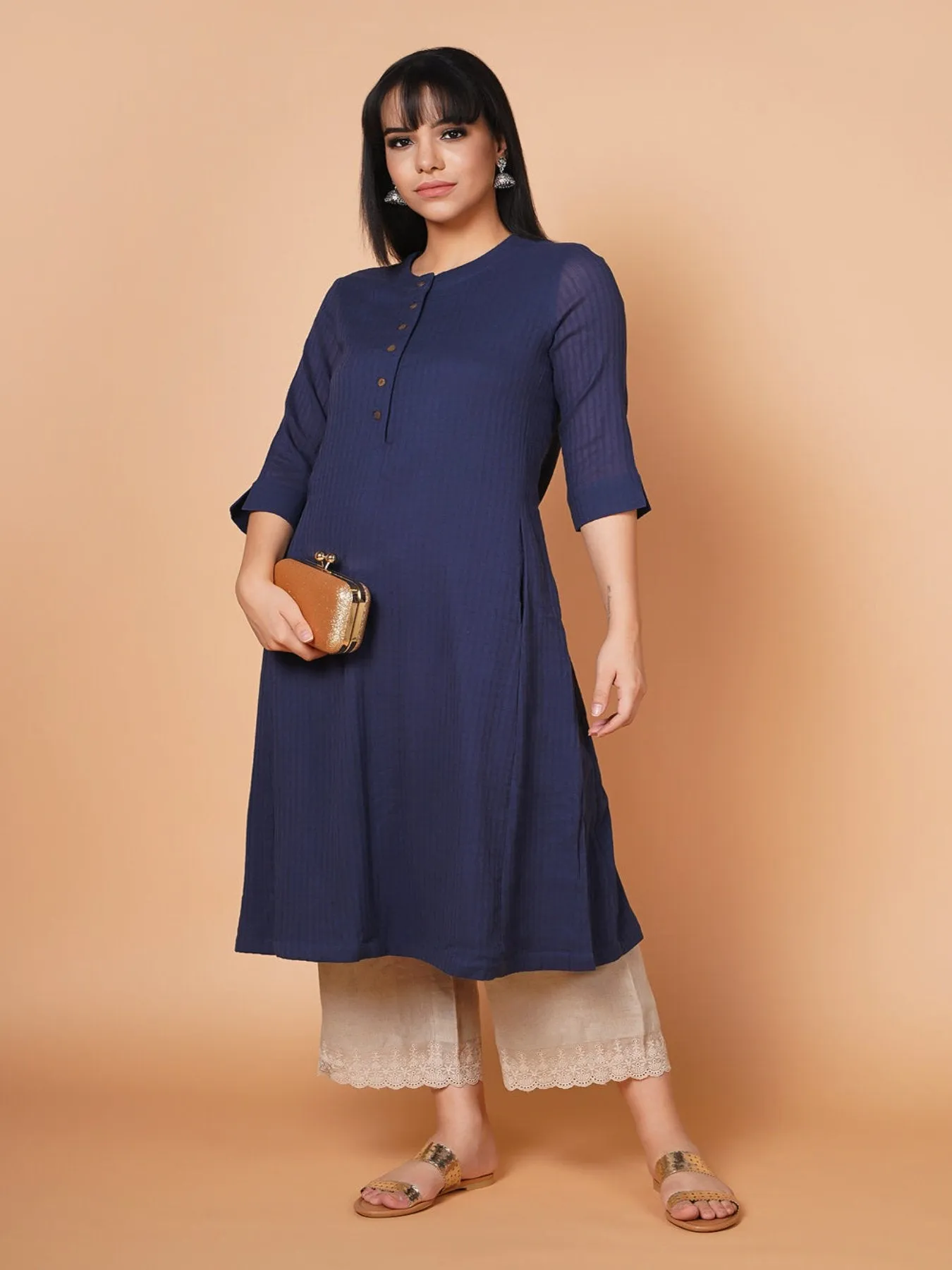 Barara Navy Blue Solid Aline Kurta 