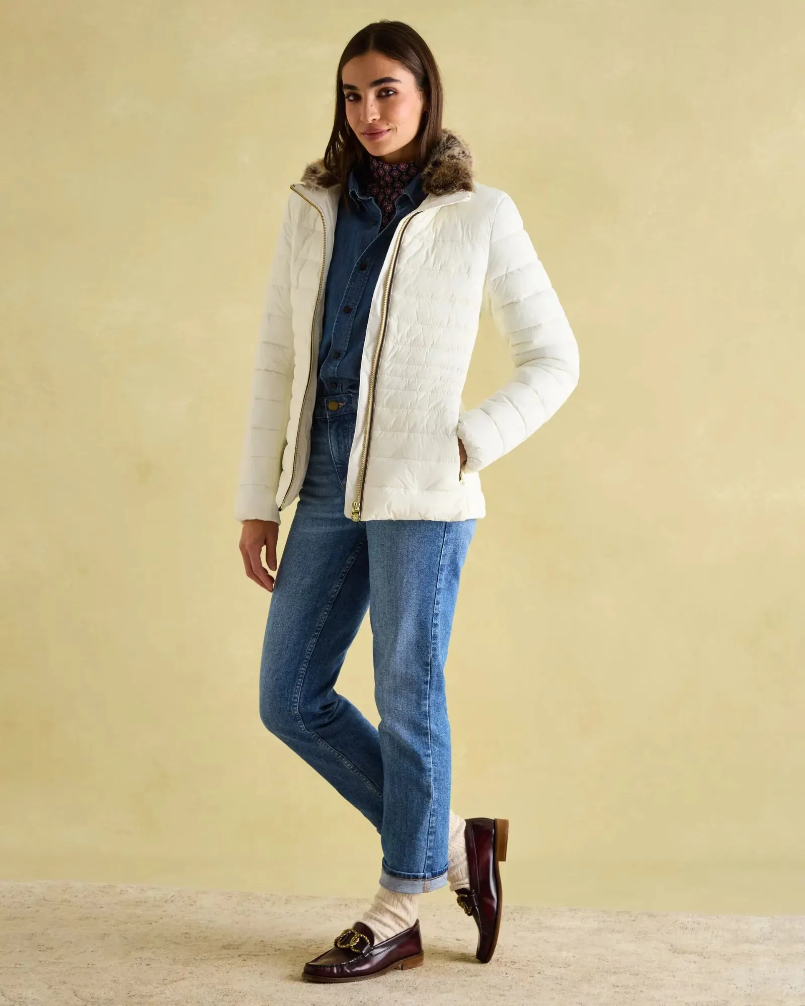 Beckley White Padded Showerproof Jacket with Faux Fur Trim