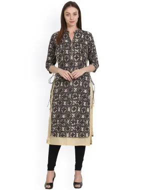 Beige & Grey Printed 3/4 Sleeve Cotton Double Layer Kurta