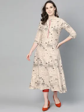 Beige And Black Printed A-Line Cotton Kurta