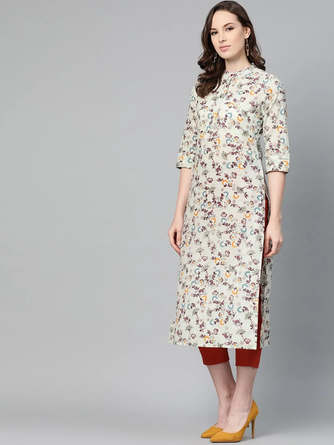 Beige Multi Colored Floral Printed Straight Kurta