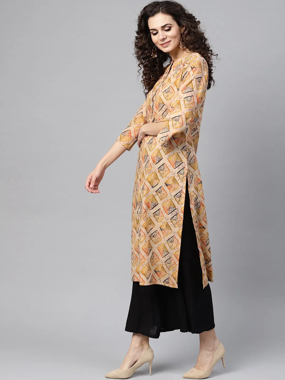 Beige Multi-Colored Straight Kurta With Mandarin Collar With 3/4 Sleeves