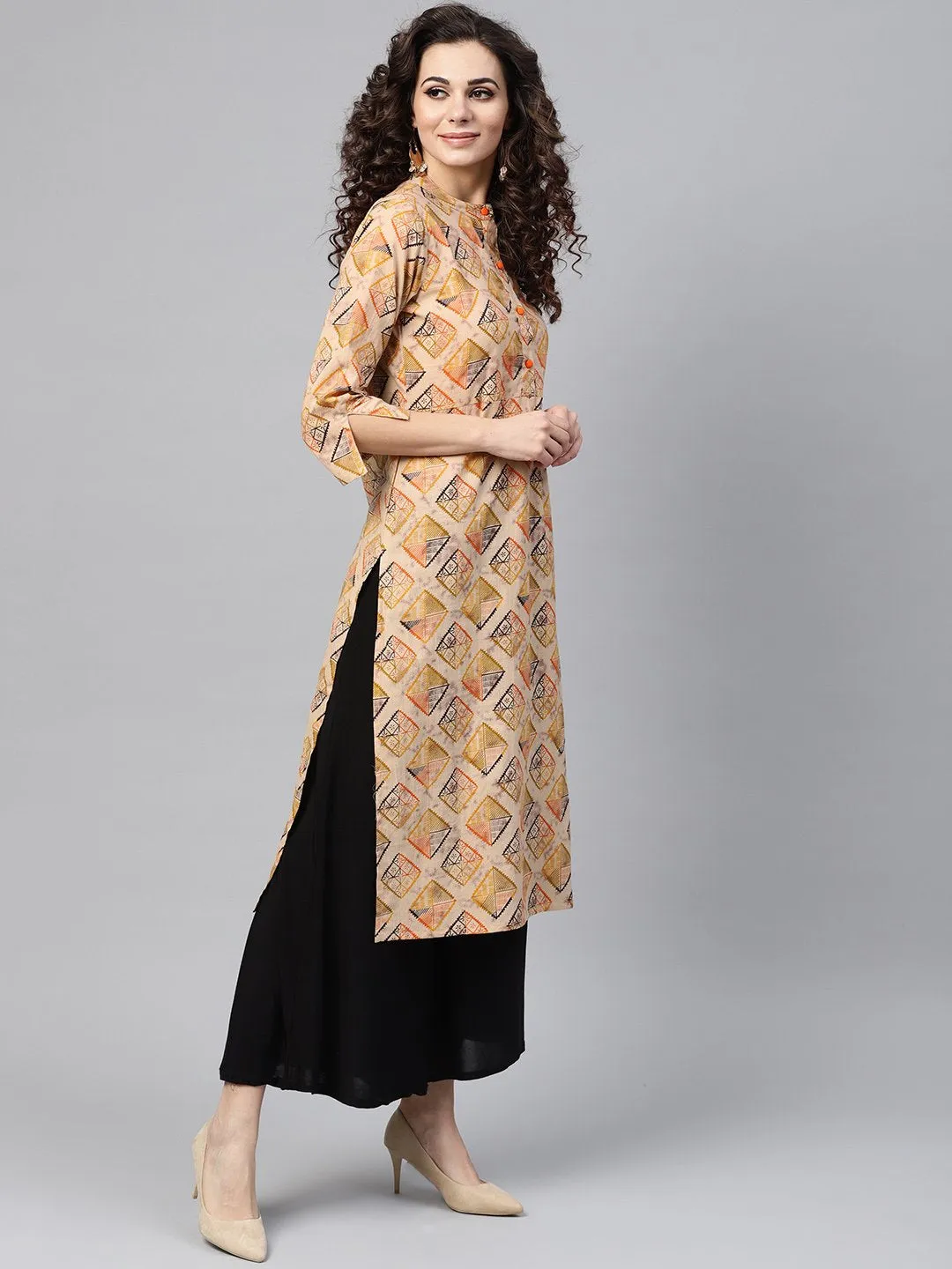 Beige Multi-Colored Straight Kurta With Mandarin Collar With 3/4 Sleeves