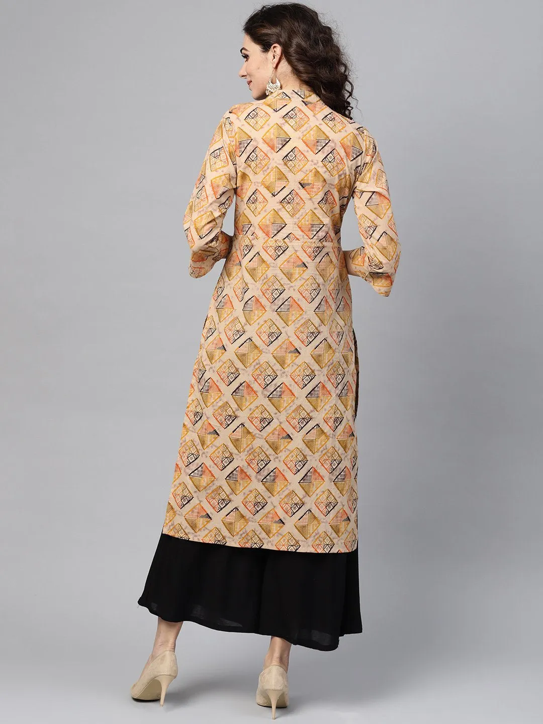 Beige Multi-Colored Straight Kurta With Mandarin Collar With 3/4 Sleeves