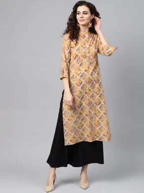 Beige Multi-Colored Straight Kurta With Mandarin Collar With 3/4 Sleeves