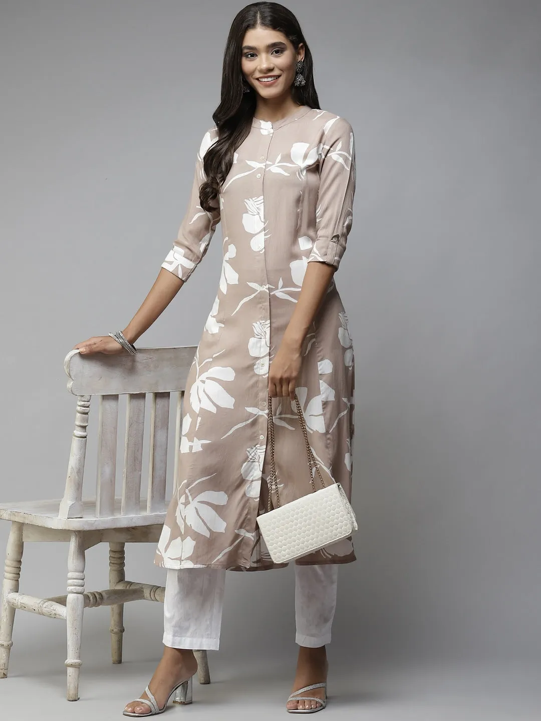 Beige Printed Cotton Kurta