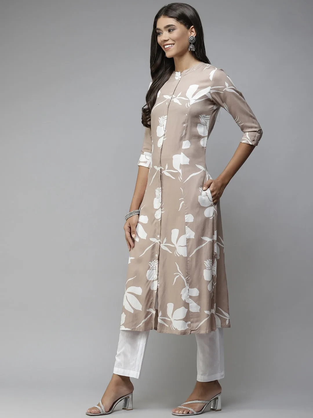 Beige Printed Cotton Kurta