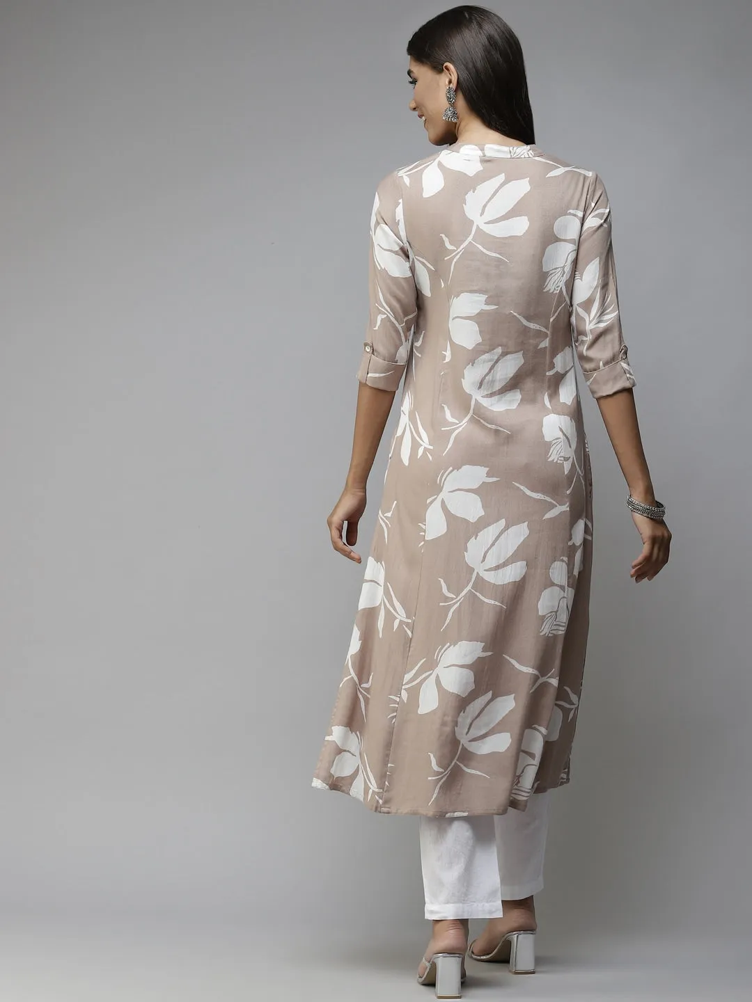 Beige Printed Cotton Kurta