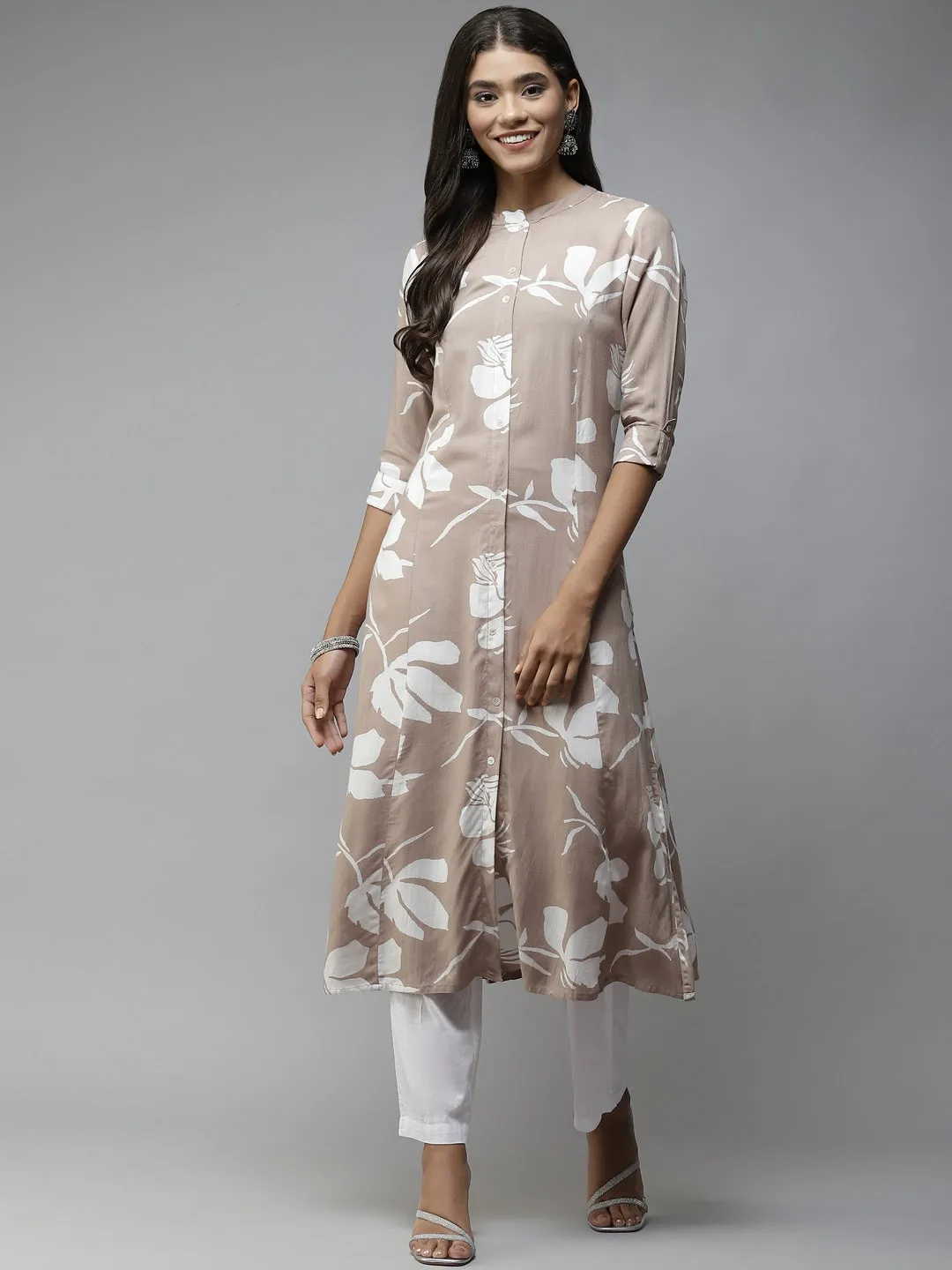 Beige Printed Cotton Kurta