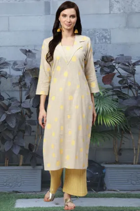 Beige Pure Cotton Geometric Print Kurta Set