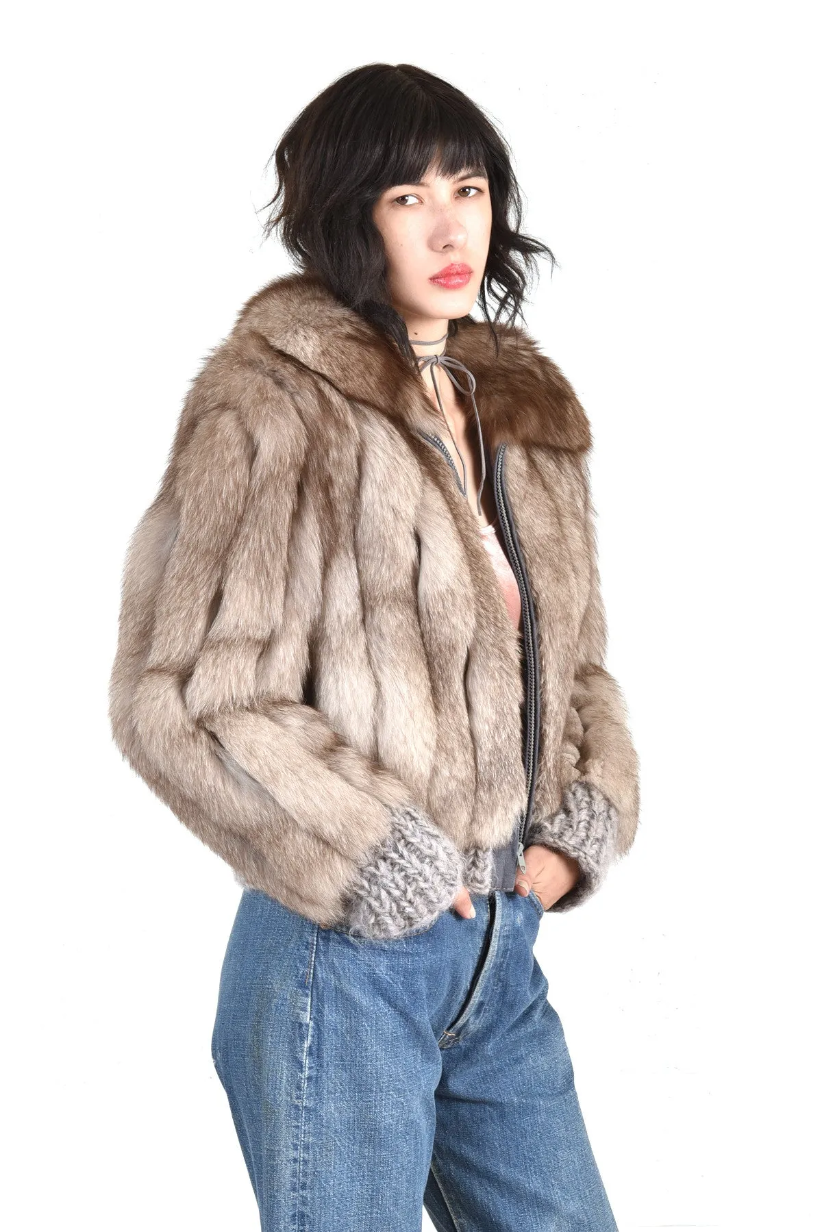 Betsy Chubby Lil Grey Fox Fur Knit Coat