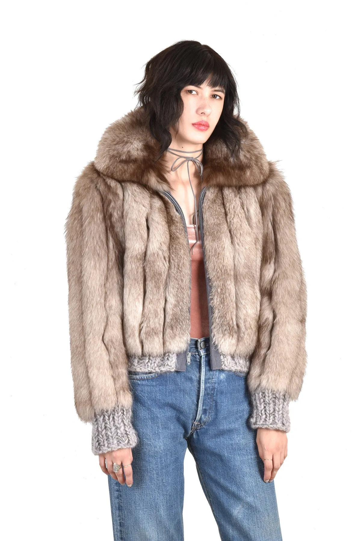 Betsy Chubby Lil Grey Fox Fur Knit Coat