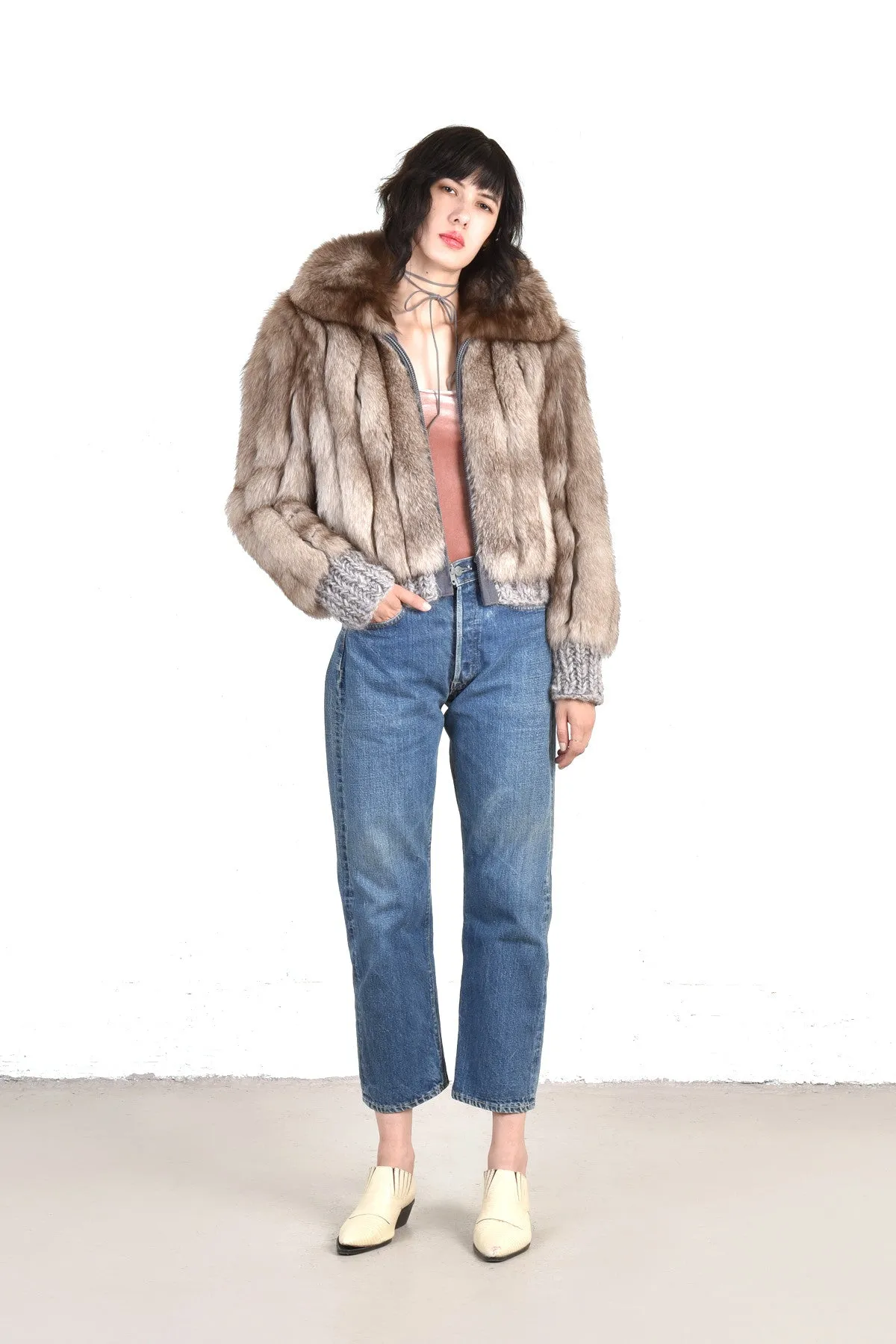 Betsy Chubby Lil Grey Fox Fur Knit Coat