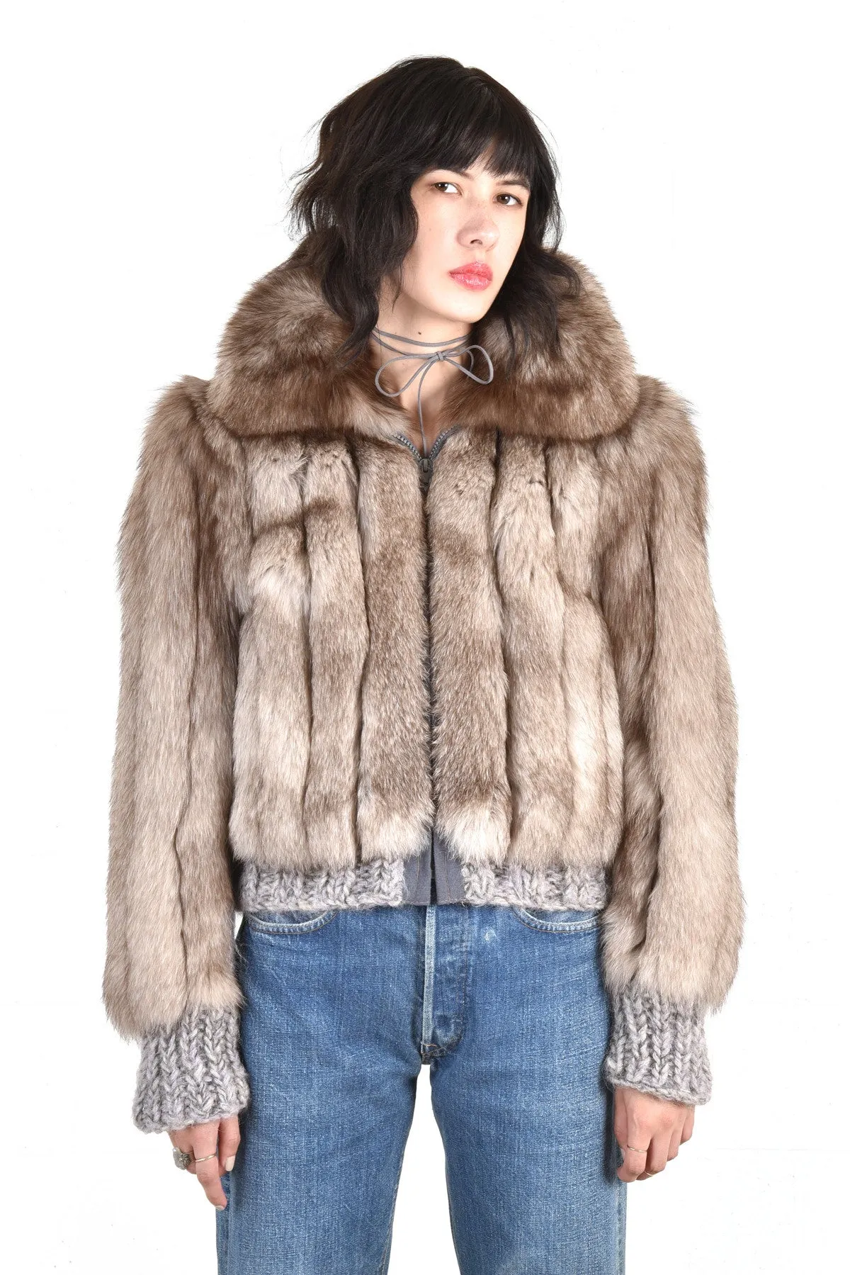 Betsy Chubby Lil Grey Fox Fur Knit Coat