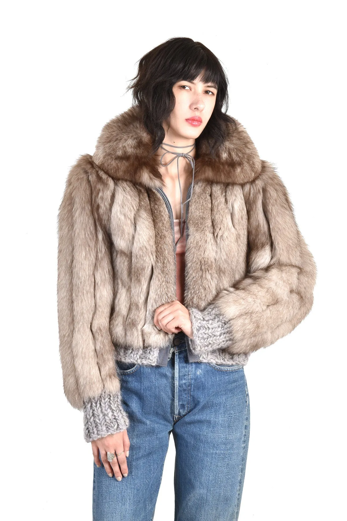 Betsy Chubby Lil Grey Fox Fur Knit Coat